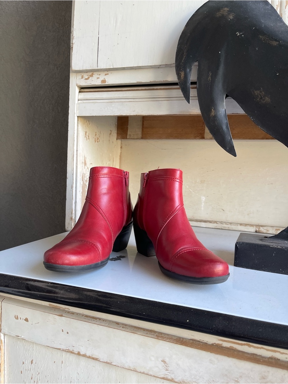Clarks Red Leather Ankle Booties with Block Heel